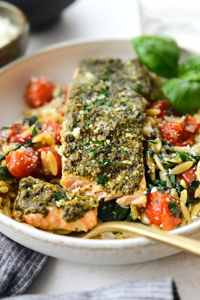 Pesto Salmon with Blistered Tomato Orzo
