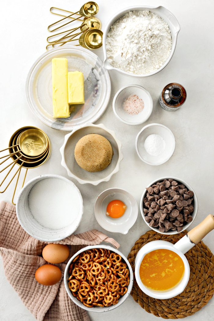 Ingredients for Chocolate Chip Cookie Bars with Salty Pretzel Crust