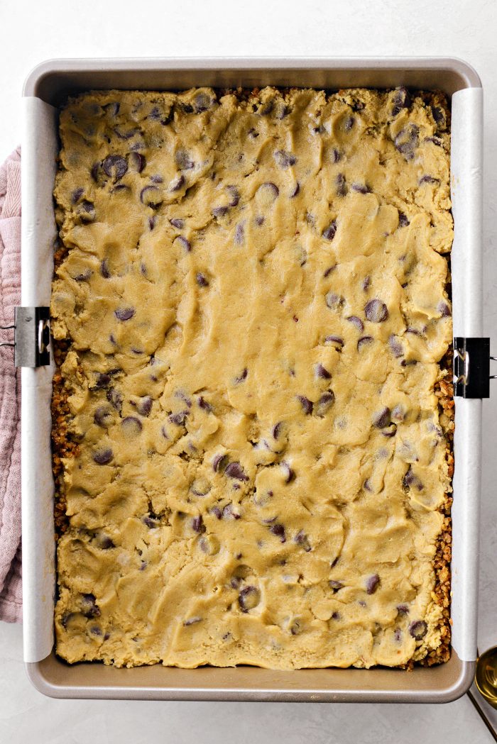 with damp fingers, press cookie dough into pan/crust and bake
