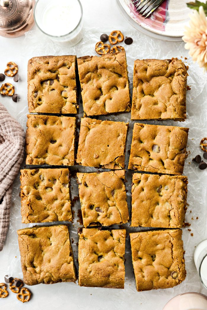 Chocolate Chip Cookie Bars with Salty Pretzel Crust