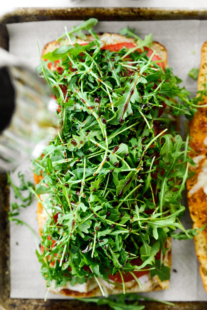 Topped with arugula and balsamic glaze