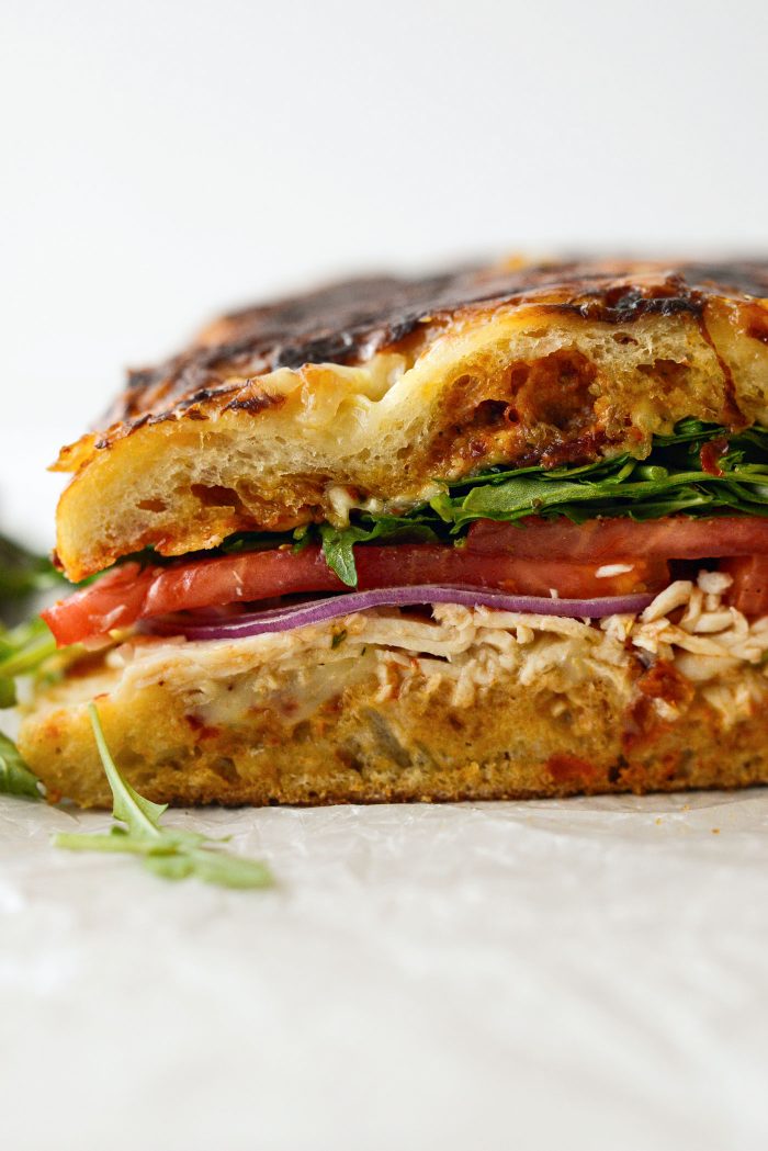Toasted sundried tomato pesto chicken focaccia sandwich