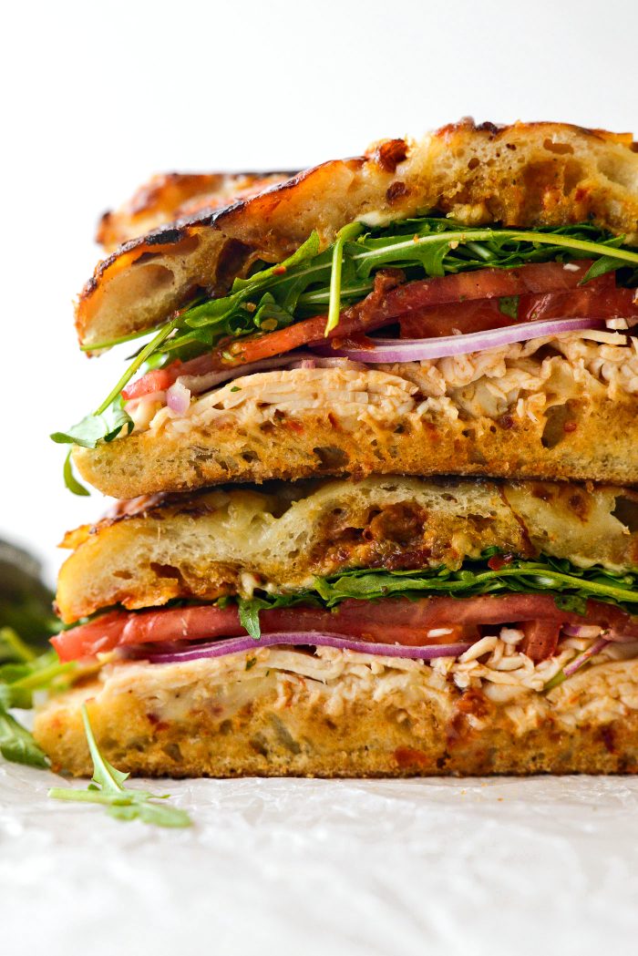 Toasted sundried tomato pesto chicken focaccia sandwich