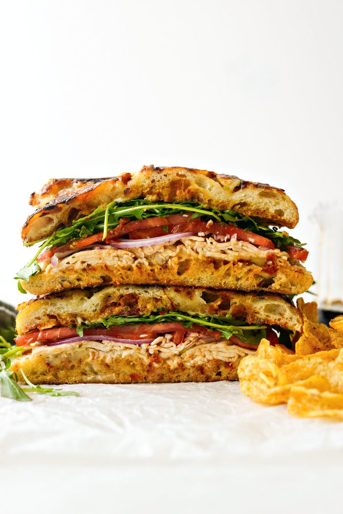Toasted sundried tomato pesto chicken focaccia sandwich