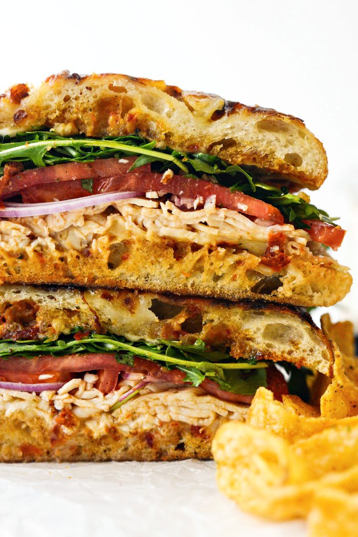 Toasted sundried tomato pesto chicken focaccia sandwich