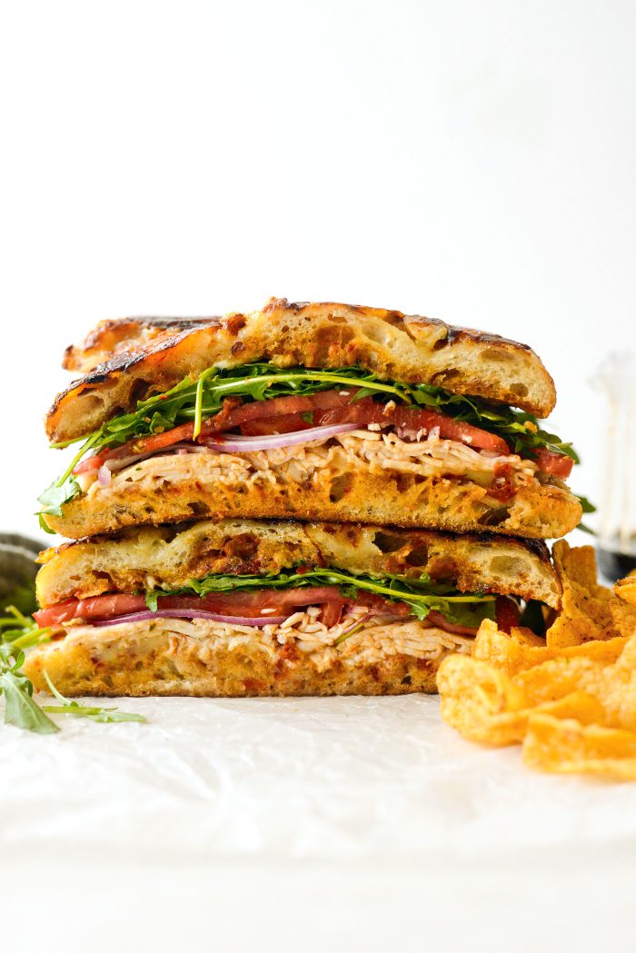 Toasted sundried tomato pesto chicken focaccia sandwich