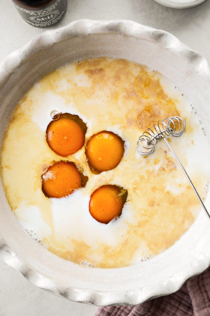 milk, eggs, salt and vanilla in a shallow dish