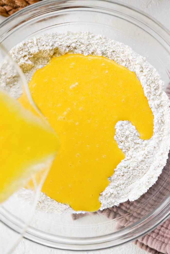 pour wet ingredients in with the dry