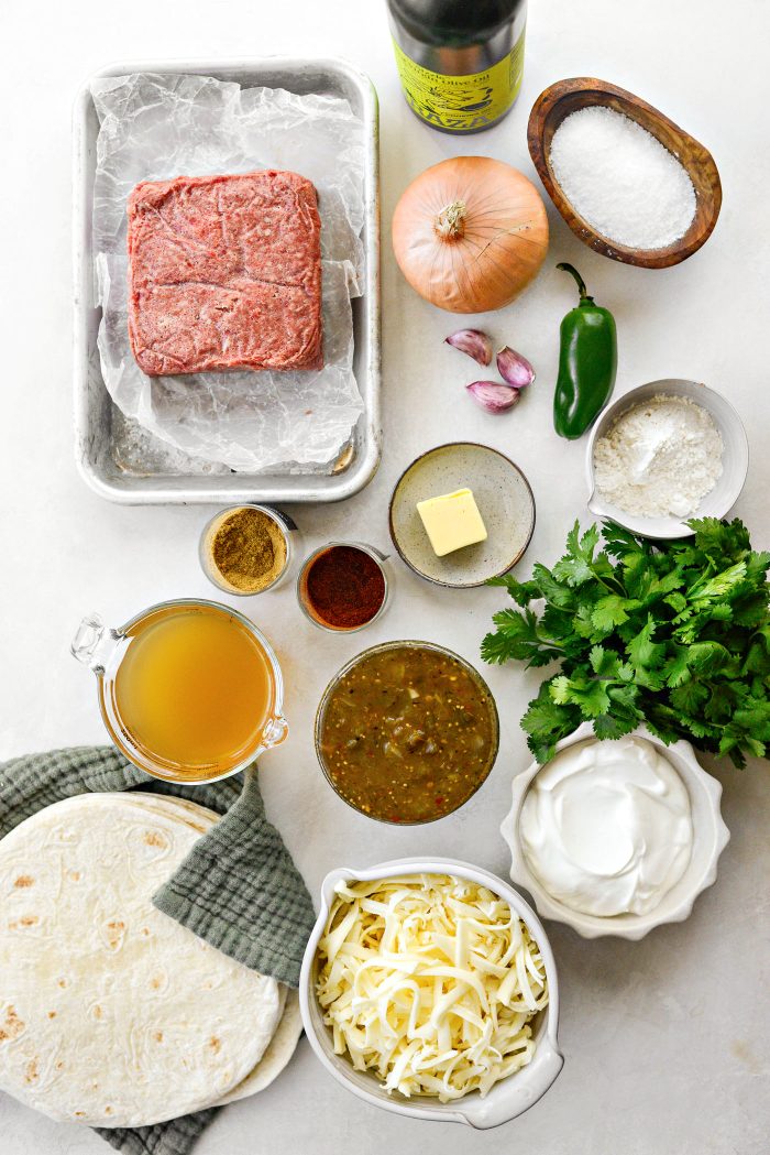 Ingredients for Cheesy Beef Enchiladas Verde