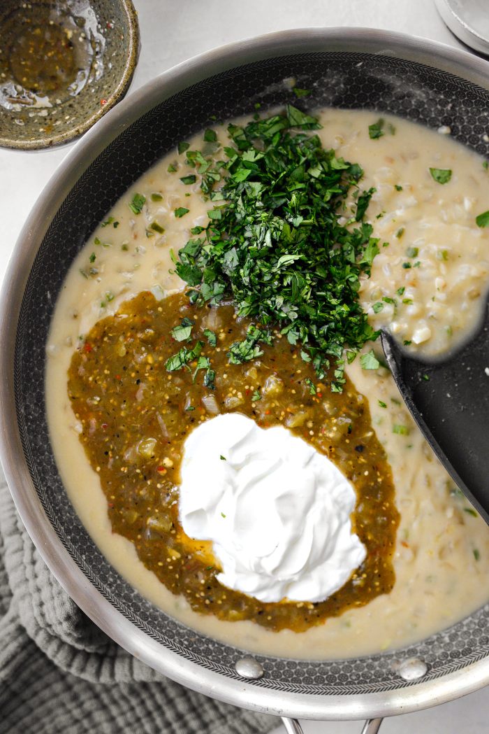remove off of the heat and add salsa, sour cream and cilantro