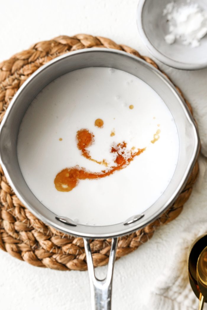 ingredients for coconut maple syrup in saucepan
