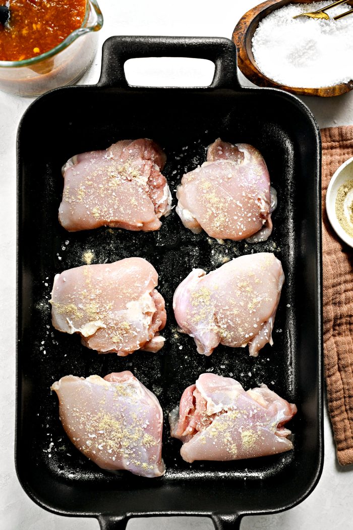 pat chicken dry, place in pan and season